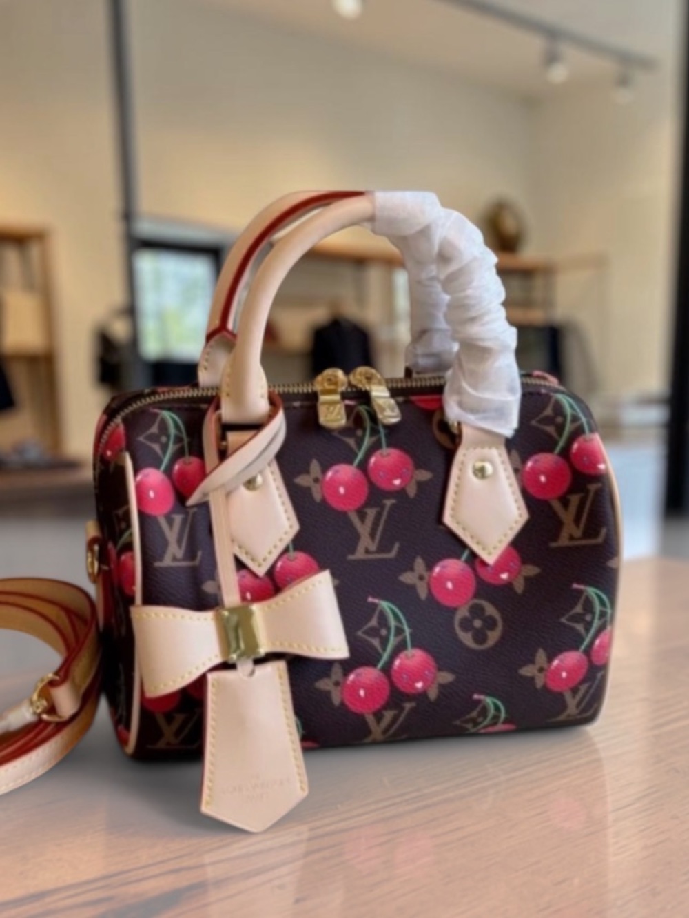 Cherry Print Mini Handbag in Brown & Pink with Dustbag